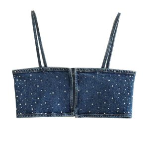 Blouses En Tops | Denim Bandeau Top Met Strass  – Dames Blouses En Tops Blouses En Tops