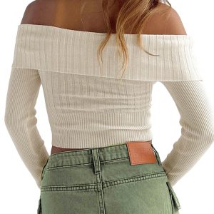 Truien En Vesten | Off-Shoulder Trui Geribd  – Dames Dames Dames